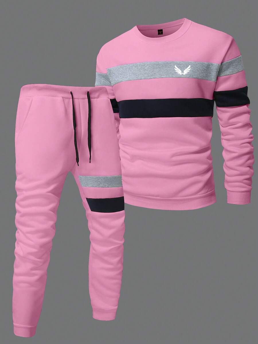 Manfinity Homme Conjunto de sudadera de cuello redondo de manga larga y pantalones deportivos casuales de bloques de color para hombre
