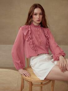 PREMIUM CONTRAST LACE RUFFLE TRIM BLOUSE - Red - View 3