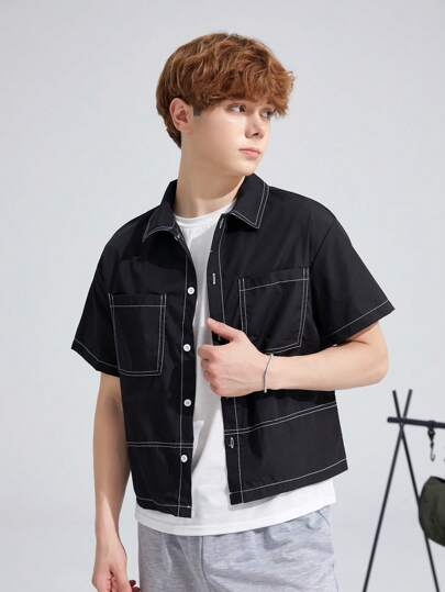 SHEIN 青少年男孩休閒拼色線顯短袖衫,落肩好穿顯瘦,夏季減龍鳳呈祥緣