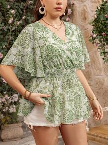 SHEIN LUNE Plus Size Women's Floral Print Ruffle Sleeve V-Neck Blouse/Ruffled Top, Vacation Style, Spring/Summer - Champagne - View 4