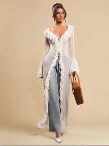 SHEIN BAE Vestido largo envolvente con escote en V profundo, mangas largas y dobladillo con volantes de color blanco puro. Vestido de estilo princesa apto para citas, San Valentín, fiestas, dama de honor, invitada de boda, uso diario, cumpleaños, graduación, vuelta al colegio. - Blanco - Ver 1