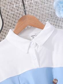 Teen Girl Solid Color Patchwork Short Sleeve Polo Collar Dress - Blue - View 5