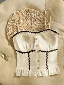 Selianne Women Vacation Casual Ruffle Trim Pearl Button Camisole Top With Slim Fit Ruffle Hem, Black - White - View 5