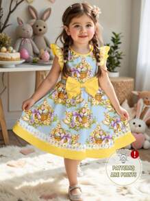 SHEIN Leap Crew Young Girl Cute Sweet Easter Rabbit Print, Bowknot , Sweet Bowknot Cartoon Print Fashion Dress, Suitable For Autumn And Winter