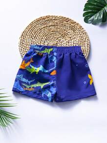 Baby Boy Cute Cartoon Dinosaur Print Elastic Waist Drawstring Swim Trunks, Suitable For Swimming, Camping, Outdoor And Water Sports,Baby Boys Beach Shorts - Blue - View 2