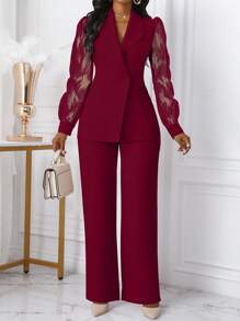 Xyvia 2pcs/Set Women's Lace Trim Button Decor Waist Fitted Top Set Fall Cloth For Women - Burgundy - View 3