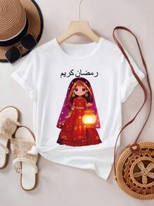 Teen Girl Comfortable Casual Sports Graphic Print Crew Neck Short Sleeve T-Shirt For Everyday Wear - White - View 1
