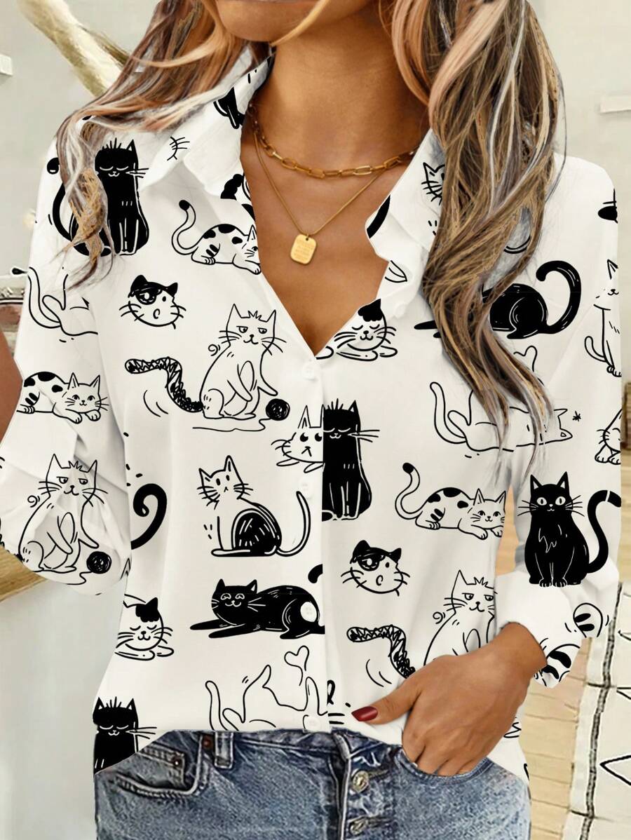 EMERY ROSE Camisa holgada de manga larga con estampado de dibujos animados minimalista casual, adecuada para el verano y para salir, blusas elegantes para mujer, casual - Blanco y Negro - Ver 1