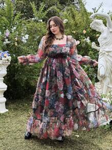 Lyrianda Plus Size Women's Elegant Sweet Ruffle Hem Square Neck Long Dress, Vacation, Spring/Summer