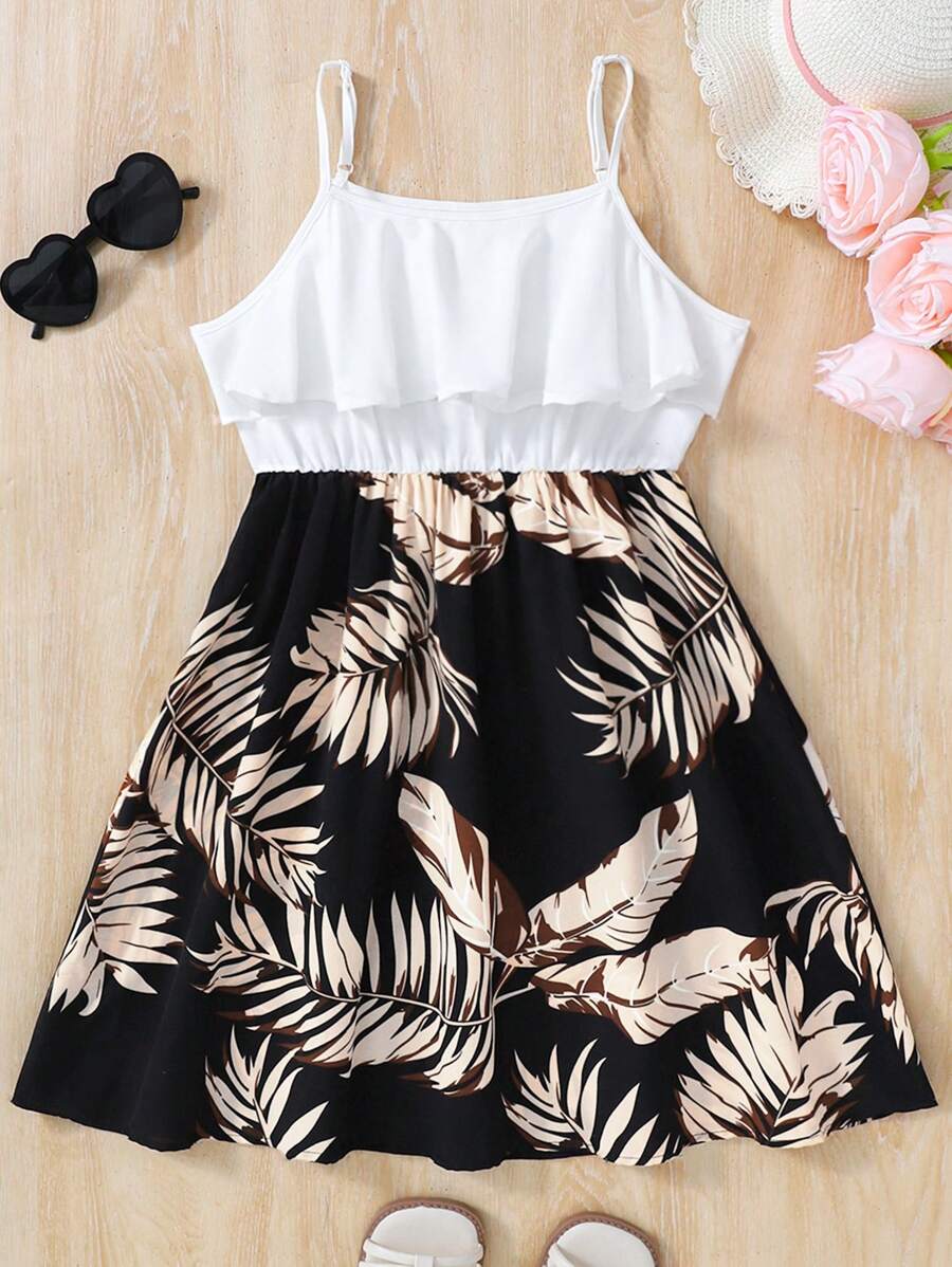 SHEIN Leap Crew Váy hoa không tay giản dị cho bé gái tuổi teen - Đen và trắng - Xem 1