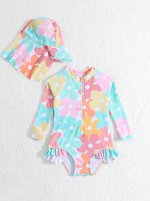 Baby Girl Printed Ruffled One-Piece Swimsuit With Hat (Random Print) - Multicolor - View 7