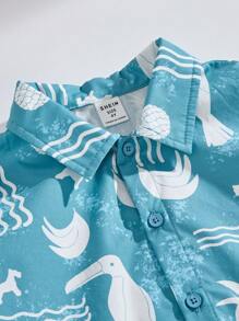 SHEIN Kleine Jungen Set mit blau bedrucktem Kurzarmhemd und weiten Shorts - Blau - Übersicht 7