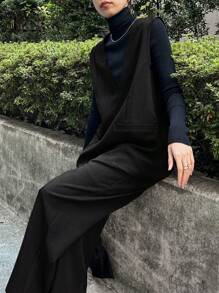 FRIFUL 2件組女款高領純色長袖上衣與長褲套裝，極簡時尚居家休閒套裝 - 黑色 - 查看 1
