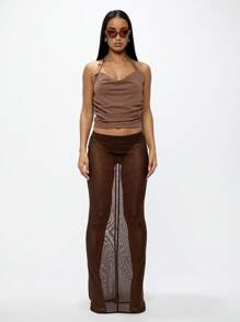 SUMWON WOMEN Váy Maxi Lưới Trong Suốt Cạp Cao Dài Đến Sàn Trong Suốt Phủ Váy Dạ Hội Lễ Hội Bãi Biển Nhiều Lớp Thiết Kế Thời Trang - Cà phê nâu - Xem 3