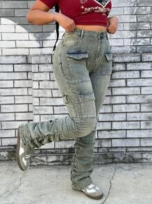 SHEIN EZwear Plus Size Cargo Vintage Pockets Skinny Jeans - Blue - View 5