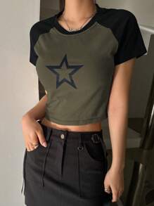 DAZY Star Print Raglan Sleeve Crop Tee Y2k - Olive Green - View 4