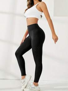 INAWLY 女士高腰条纹口袋休闲紧身裤，百搭 - 黑色 - 查看 5