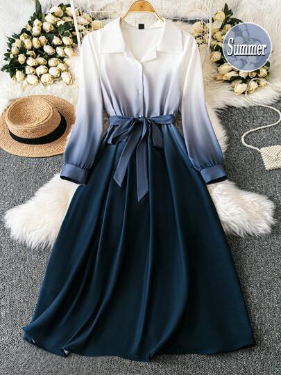 DreamSkyne Plus Size Ombre Color Long Sleeve Woven Dress, Autumn Maxi Women Outfit