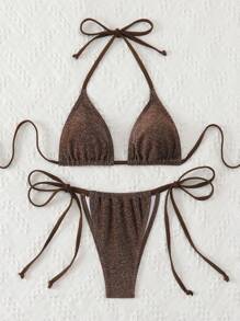 Swim Basics Summer Beach Glitter Triangle Tie Side Brown Bikini