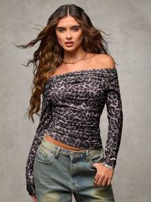 SHEIN BAE Women Leopard Print Pleat Off Shoulder Long Sleeve Top - Grey - View 1