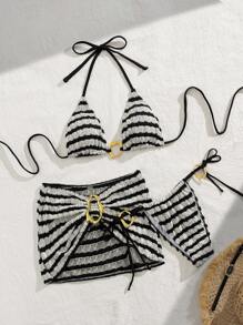 Bonvoyette 3pcs Women Spring Break Solid Color Textured Fabric Metal Decor Bikini Set For Summer Beach Vacation - Black and White - View 5