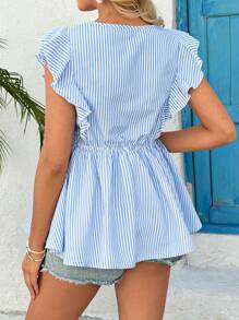 SHEIN 孕妇休闲条纹荷叶边下摆哺乳衬衫 - 藍白色 - 查看 2