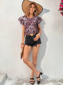 SHEIN Essnce Blusa de cuello redondo con doble capa y mangas cortas con estampado de cebra de verano - Multicolor - Ver 6