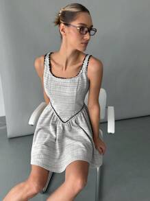 SHEIN Essnce Women's Spring/Summer Gingham Square Neck Sleeveless Mini Dress, Fashionable - Grey - View 5