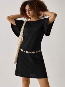 Easelle Spring/Summer Bohemian Style Outfit, Cowgirl Vintage Women's Boat Neck Backless Butterfly Design Black Knit Loose Dress, Suitable For Vacation