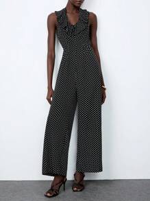 Lumivelle Women's Halter Backless V-Neck Jumpsuit - Black and White - View 3