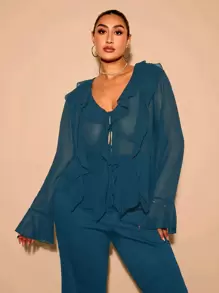 SHEIN BAE Plus Size Fall Elegant Sweet Sexy Women Blue Chiffon Ruffles Decoration Fit Long Sleeve Top Shirt Daily Wear See-Through