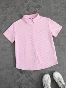 SHEIN Explorewe Textured Short Sleeve Shirt For Teenagers, Casual Stand Collar Slim Fit Korean Style Top. This Shirt Is Suitable For Teenagers To Wear In Various Occasions, Whether For Casual Daily Wear, School Activities, Gathering With Friends, Or Family Outings. - Brown - View 6