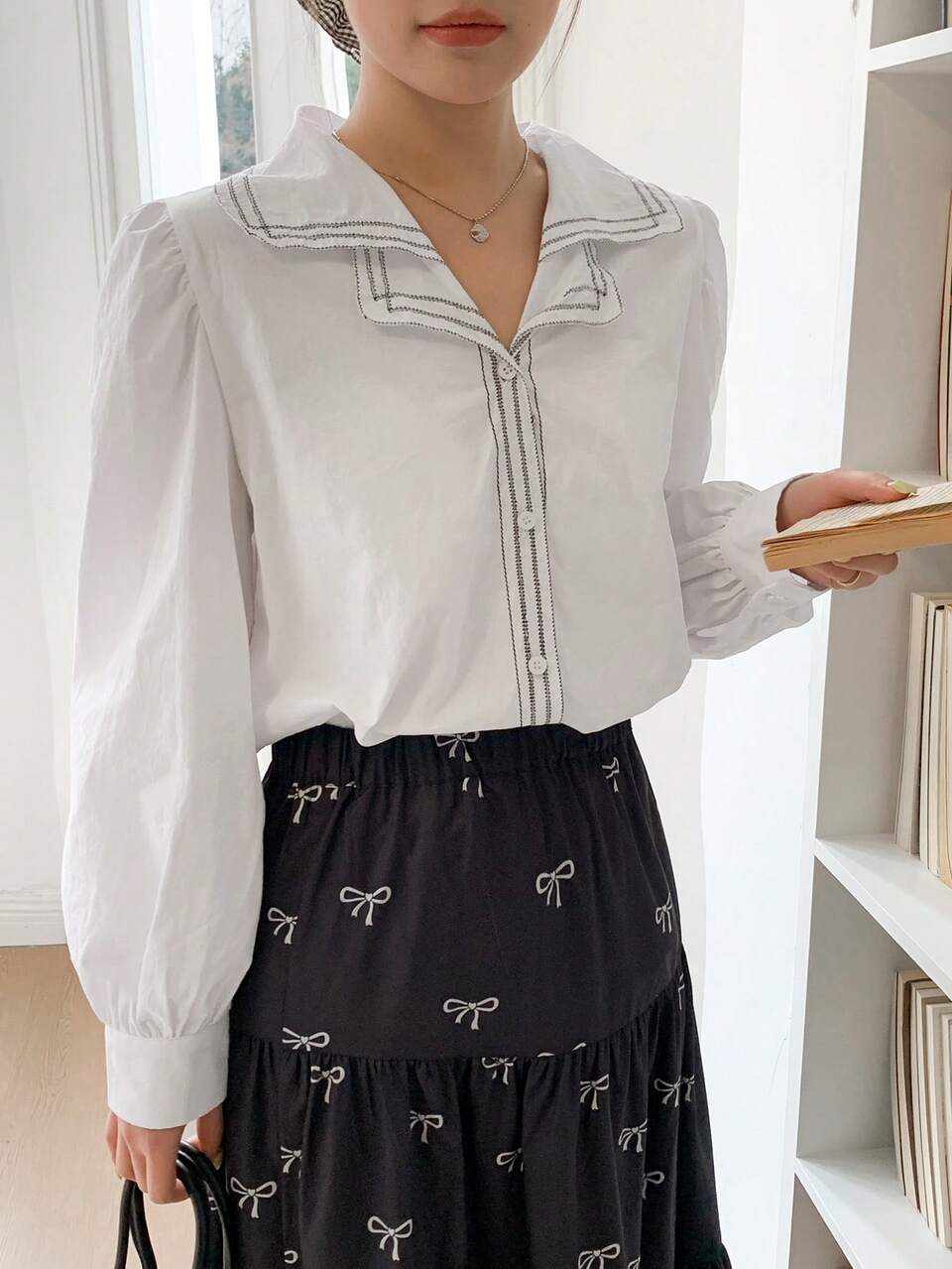 Women Turndown Collar Solid Color Casual Cute Pre Loose Lantern Sleeve Long Sleeve Blouse,Autumn Clothes Back-To-School School White