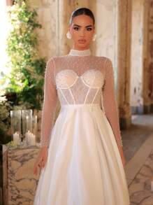 Glamrae Elegantes luxuriöses cremefarbenes Satin-Ballkleid mit Puffärmeln, wehendem Saum und Schleppe, geeignet für Hochzeit, Party, Urlaub, Ballkleid - Beige - Übersicht 2