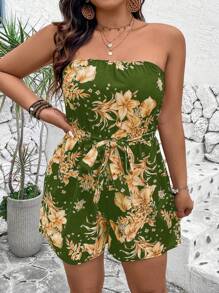 Breezaya Plus Size Women Floral Print Halter Romper - Army Green - View 4