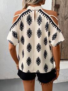 SHEIN Clasi Camiseta de mujer de encaje en color albaricoque con cuello alto hueco y hombros abiertos de diseño elegante y casual - Albaricoque - Ver 2