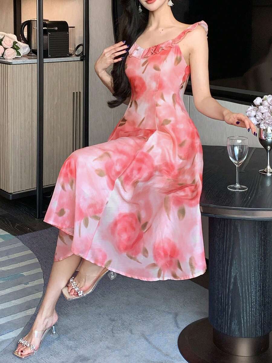 DAZY Knee Length Sleeveless Floral Print Ruffle Hem Square Neck Dress For Women Sundress Vacation Outfits Women - Pink - View 1
