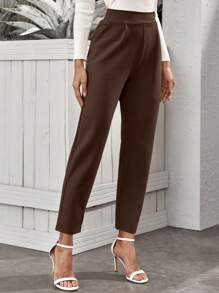 RosyDaze Women's Pleated Straight Leg Plain Solid Casual Pants With Pockets - Brown - View 4