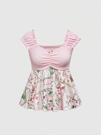 Fairycore تي شيرت مقاس كبير للنساء مزخرف بالزهور الملونة والطبعة الوردية