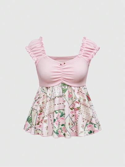 Fairycore تي شيرت مقاس كبير للنساء مزخرف بالزهور الملونة والطبعة الوردية