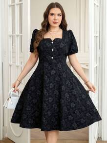 Reflora Plus Size Women's Fashion Elegant Black Square Neck Textured Fabric Short Sleeve Textured Puff Sleeve Front Button Design Waist A-Line Long Dress