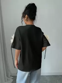 Chiquease Women's Elegant 3D Floral Print Short Sleeve T-Shirt, Valentine's Day - Black - View 2