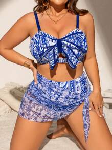 SHEIN Swim Curve Plus Size Women 3pcs/Set Random Print Hollow Front Beach Pool Swimwear Set, Holiday Casual Style For Summer Beach Vacation - Multicolor - View 4