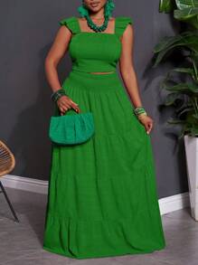 Slaydiva 2pcs Set: Casual Vacation Solid Peach Red Cap Sleeve Crop Top & Textured Flare Midi Skirt, Plus Size Women, Spring/Summer 2025,Holiday Outfits Boho - Green - View 1