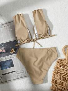 Swim Chiccia 2pcs/Set Women New Solid Color Tie Strap Women Beach Clothing Bikini Set, Spring Break Summer Outfit, Festival Boho - Khaki - View 7