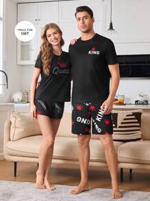 CoupledUp Crown & King 图案印花圆领短袖男式睡衣套装 - 黑色 - 查看 7