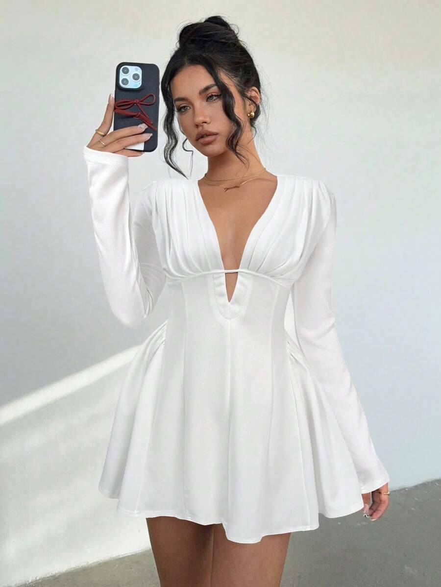 Aloruh Women's Elegant Sexy Solid Color Pleated Deep V-Neck Mini Dress - White - View 1