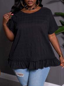 SHEIN CURVE+ Large Solid Color Round Neck Pleated Short Sleeved Loose Shirt For Spring And Summer, Spring And Summer Doll Shirt Boho Vacation - Black - View 5