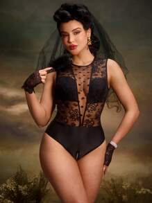 Bộ đồ liền thân ren chấm bi bóng loáng gợi cảm Retro Palace dành cho nữ - màu đen - Xem 1