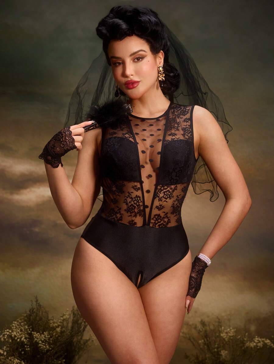 Bộ đồ liền thân ren chấm bi bóng loáng gợi cảm Retro Palace dành cho nữ - màu đen - Xem 1